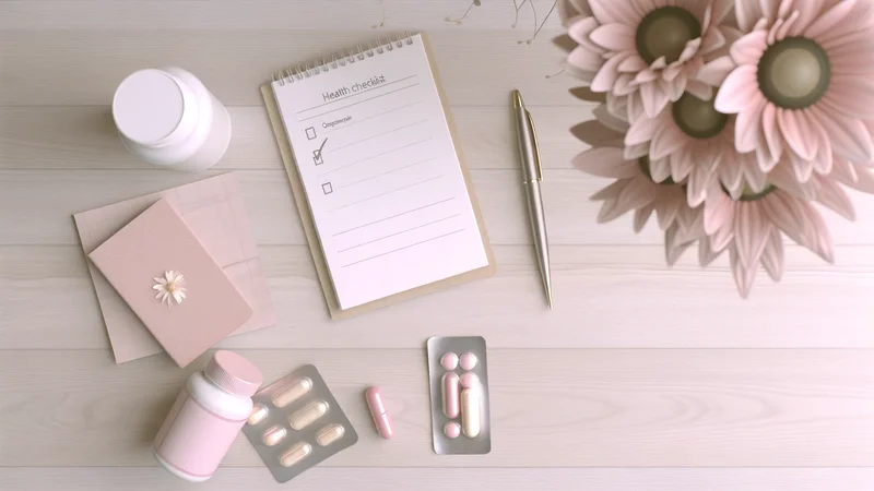 木製テーブルの上に健康チェックリストノート・ペン・サプリ・ピンクの花のフラットレイ。柔らかいローズとクリームトーン