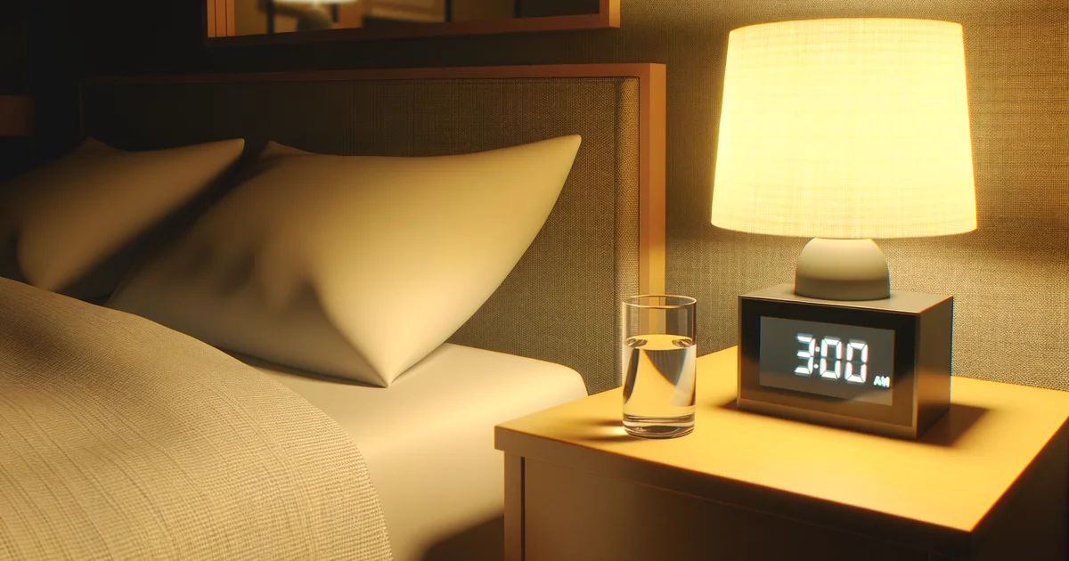 深夜3時を示すデジタル時計と水のグラスが置かれたベッドサイドテーブル。暖かいランプの光に照らされた更年期の不眠をイメージした寝室の一角