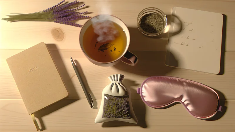 木製テーブルの上に並べられた就寝前のリラクゼーショングッズ。湯気の立つカモミールティー・ラベンダーサシェ・ピンクのシルクアイマスク・日記とペン