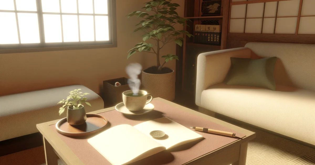 和室のリビングに差し込む柔らかな午後の光。ローテーブルの上に湯気の立つお茶と開いた日記・ペン、観葉植物。心を落ち着けるための静かな空間
