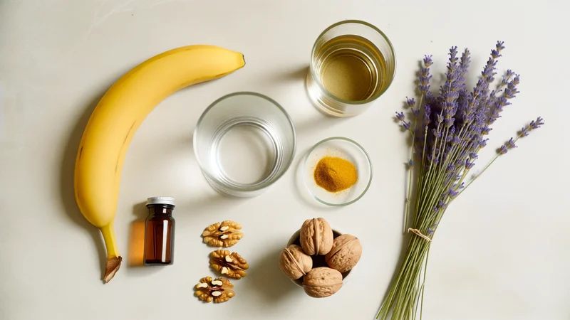 白い石のような背景に並べられた気分サポート食材・サプリのフラットレイ。バナナ・くるみ・サプリメントボトル・ラベンダー・水のグラス
