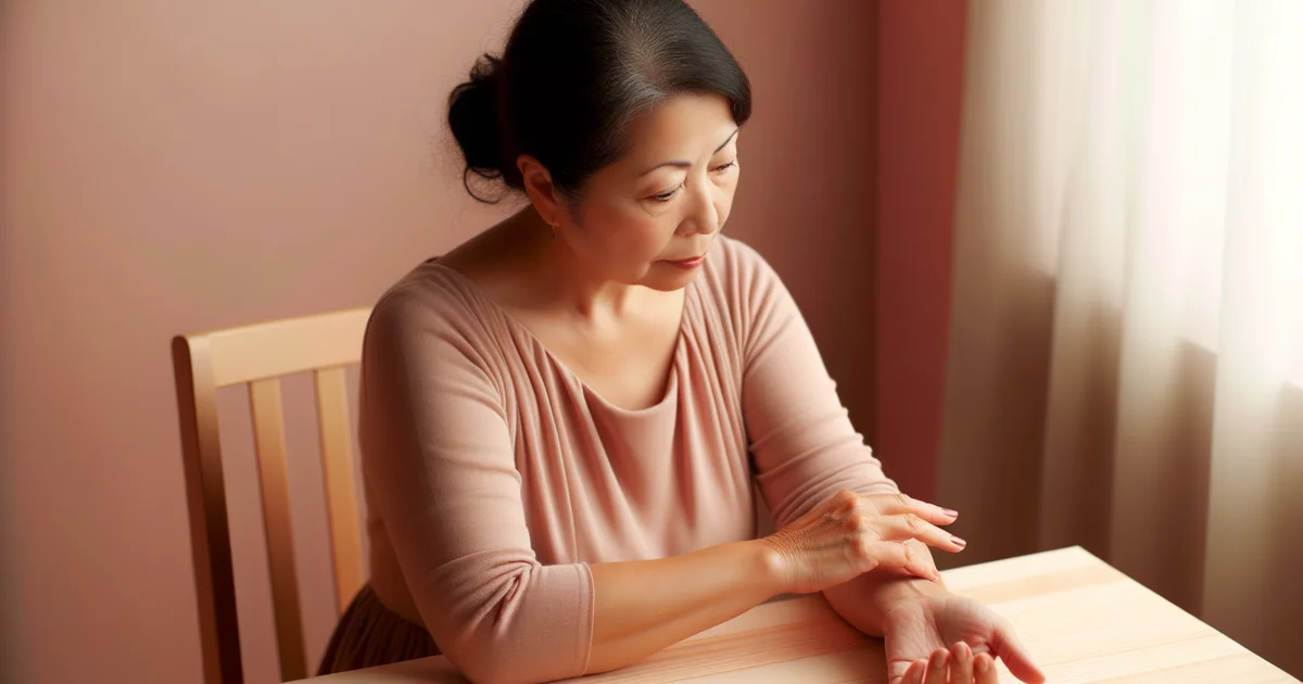 50代の日本人女性がテーブルに座り、手首をそっと押さえて下を向いている。くすみピンクの服と柔らかい自然光