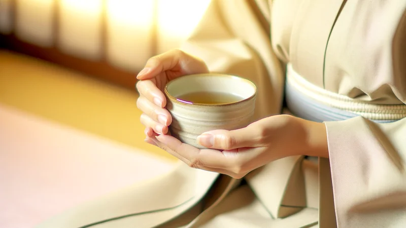 和服を着た女性が陶器のお茶碗を両手で優しく持っている。温かみのある柔らかい光