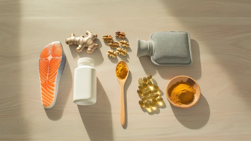 木製テーブルの上に関節ケアアイテムのフラットレイ。サーモン・生姜・くるみ・サプリ・ターメリック・湯たんぽが並ぶ