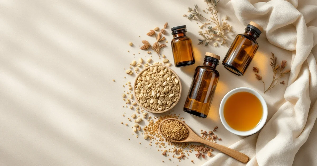 木のスプーンに乗った漢方薬の顆粒・茶色いガラス瓶・ハーブティーのカップが並ぶフラットレイ。加味逍遥散をはじめとする更年期漢方薬のイメージ