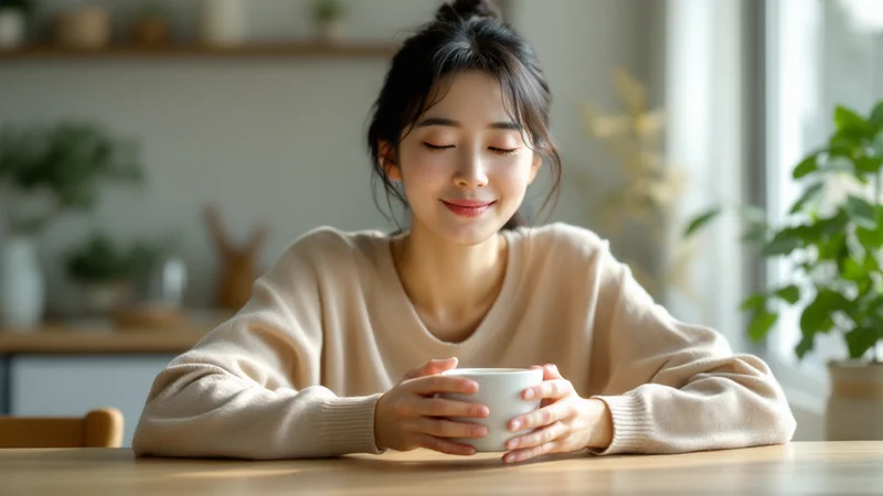 キッチンテーブルでハーブティーのカップを両手で包む日本人女性。更年期の漢方セルフケアのイメージ