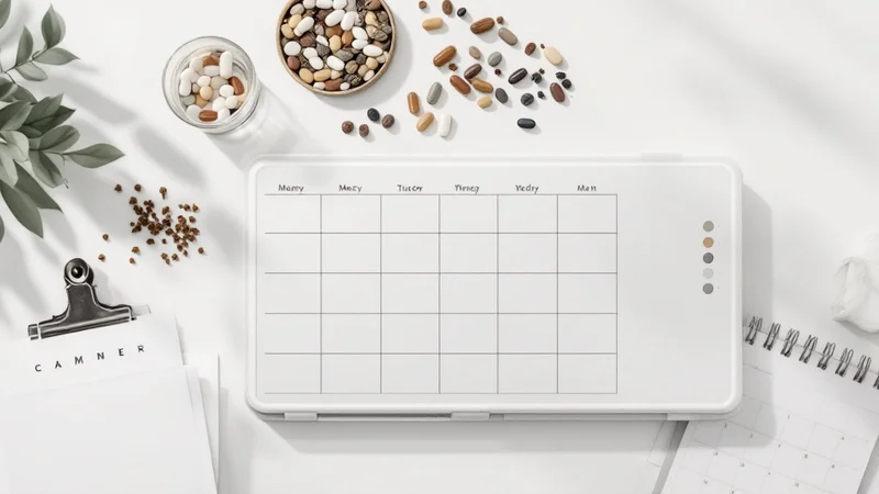 週間薬管理ケース・カレンダー・生薬が白いデスクに並ぶ写真。漢方薬の継続服用と体調管理のイメージ