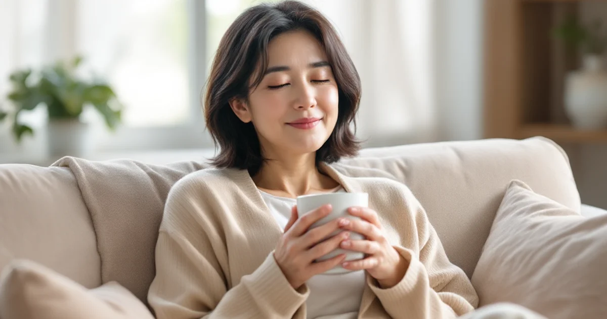 自宅の明るいソファに腰かけ、温かい飲み物のマグカップを両手で包むように持ち、目を閉じてひと息ついている50代前半の日本人女性