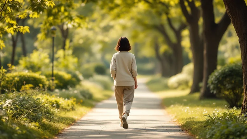 朝の光が差し込む公園の遊歩道を、ゆったりとした歩調で散歩している50代前半の日本人女性の後ろ姿