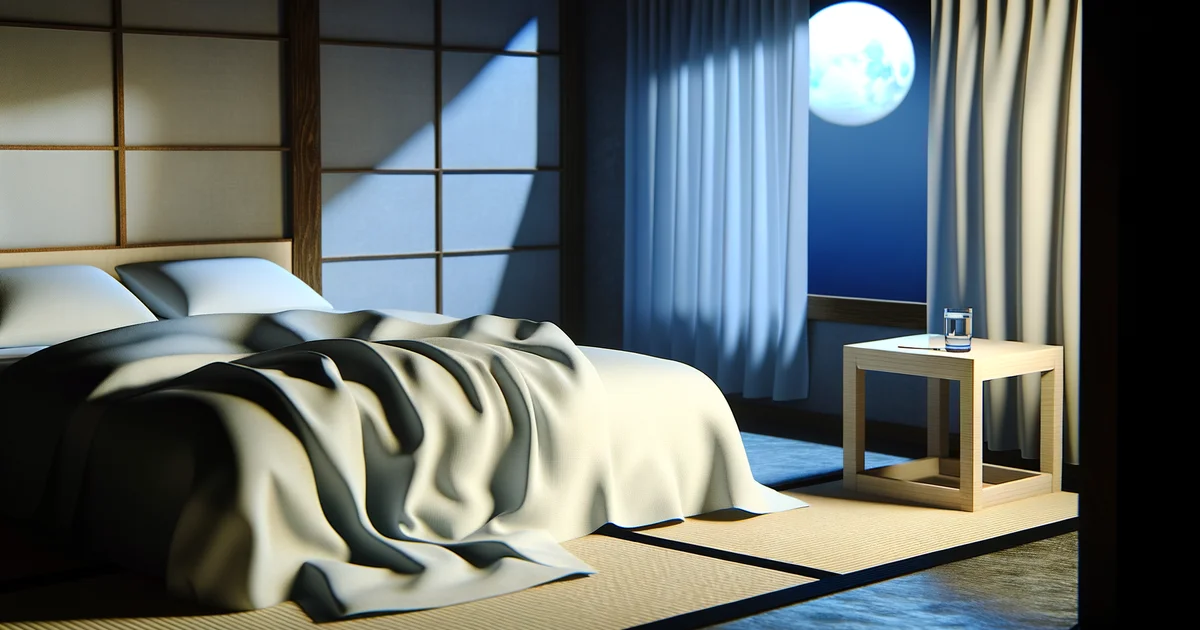 月明かりに照らされた和室の寝室。乱れた白いシーツのベッドとベッドサイドテーブルに置かれた水のグラス。満月が窓から見える更年期の夜間発汗をイメージした静かな夜の寝室