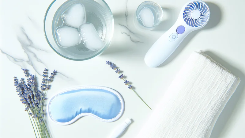 白い大理石の上に並べられた更年期の寝汗対策グッズのフラットレイ。氷入りのグラス・ハンディファン・ラベンダー・アイマスク・コットンタオル