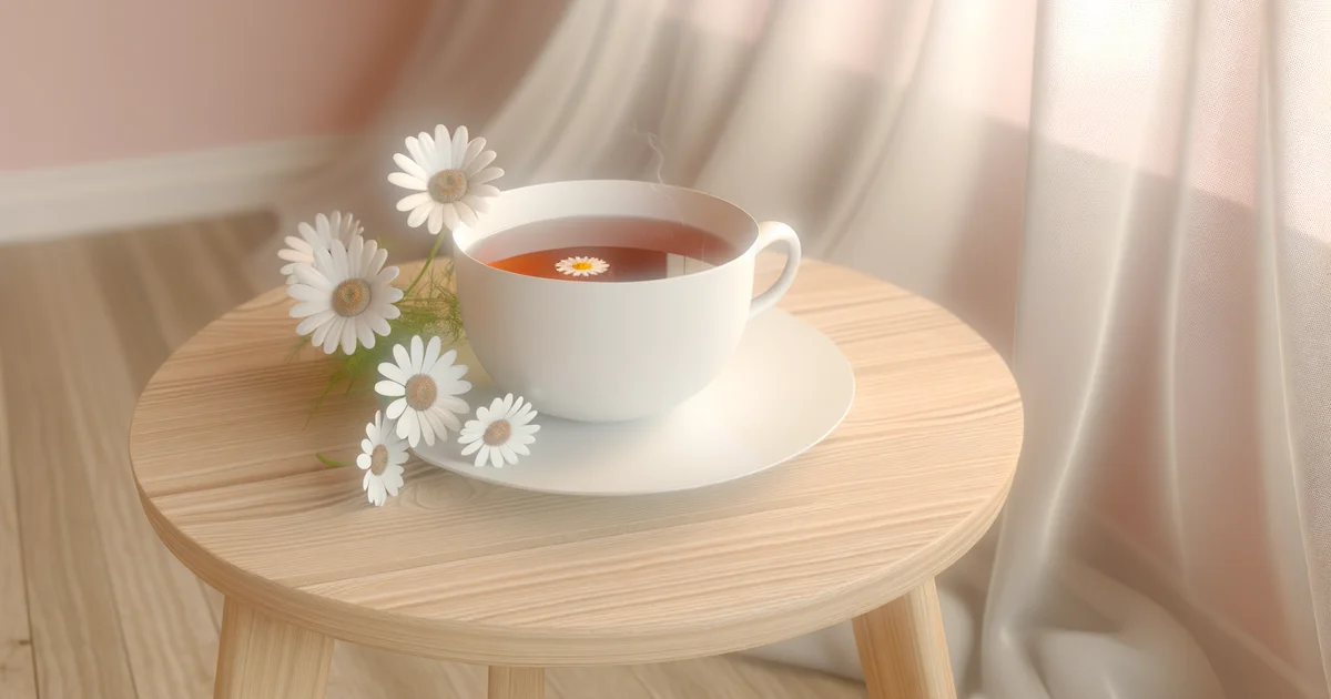 暖かい光の差し込む静かな部屋に置かれたハーブティーカップとカモミールの花。更年期の動悸・リラックスイメージ