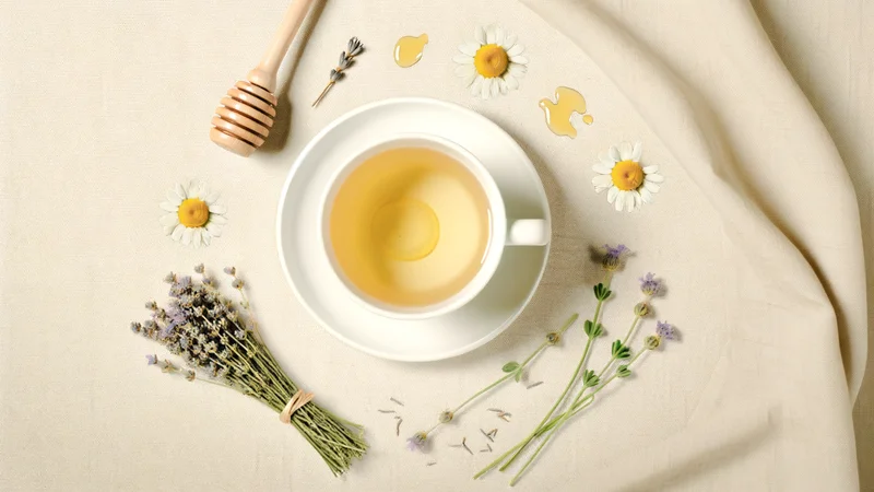リネンのテーブルクロスの上に並ぶカモミールティーのカップ、乾燥カモミールの花、ラベンダーのスプリグ。柔らかな光と落ち着いた雰囲気