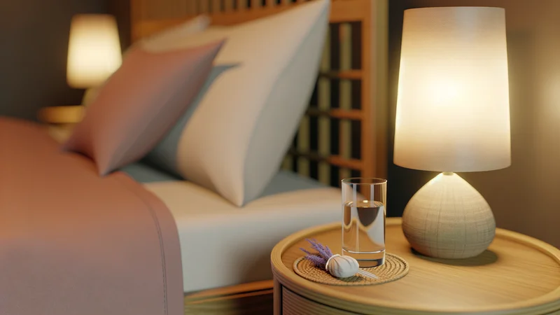 ベッドサイドテーブルに置かれた水のグラス、ラベンダーサシェ、柔らかく光るナイトランプ。穏やかな就寝空間のイメージ