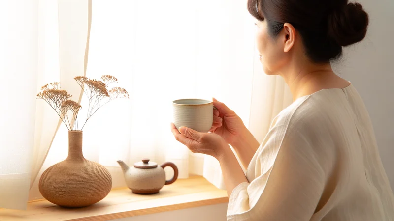 窓辺でハーブティーを飲みながらリラックスする中年女性。更年期セルフケアのイメージ