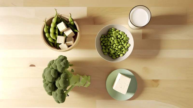 大豆製品・乳製品・緑黄色野菜が並んだ食卓。更年期の食事セルフケアイメージ