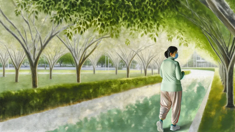 公園を気持ちよくウォーキングする中年女性。更年期の運動セルフケアイメージ