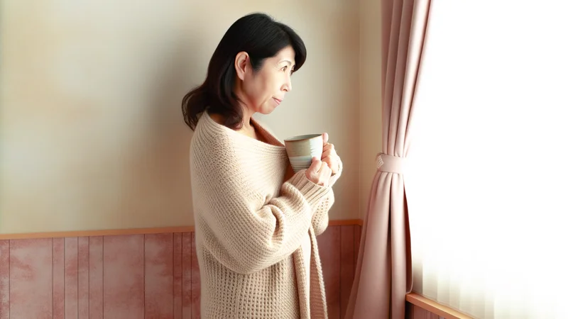 カーディガンを羽織る女性とマグカップ。体温調節をテーマにした更年期ライフスタイルイメージ
