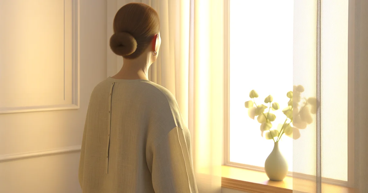 窓辺でハーブティーを手にくつろぐ中年女性。更年期を穏やかに過ごすイメージ