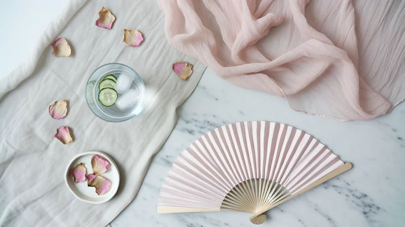 顔をおさえる女性の手と扇子。ホットフラッシュ・のぼせのイメージ