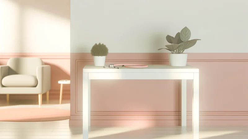 婦人科の診察室で医師と話す女性。更年期の診察イメージ