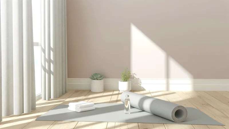 ヨガマットの上でストレッチする女性。更年期のセルフケアイメージ