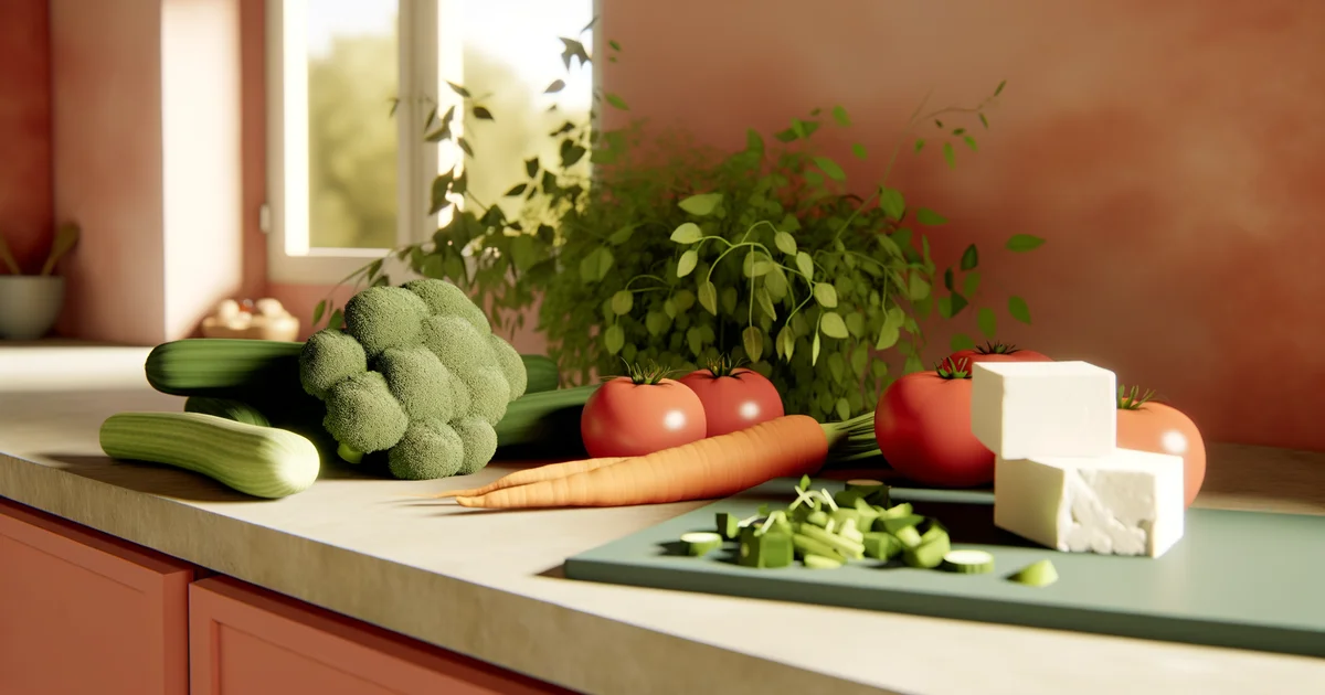 キッチンカウンターに並べられた野菜・豆腐・魚介などの食材。バランスのよい食事を意識した更年期向けの食卓イメージ