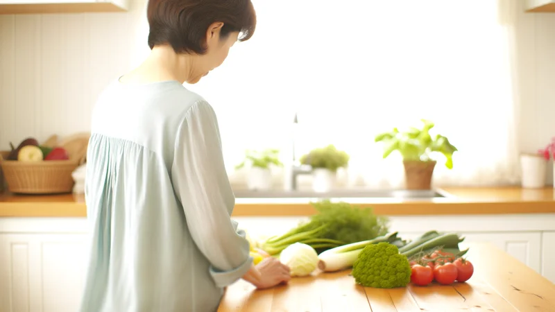 明るいキッチンで野菜を手に取る40代の日本人女性の後ろ姿。健康的な食生活への意識を感じさせる生活シーン