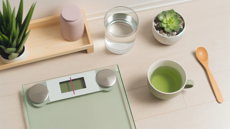 明るい木製フロアに置かれた体重計と水のグラス・グリーンティーカップ・小さな多肉植物のフラットレイ。シンプルなウェルネスライフのイメージ