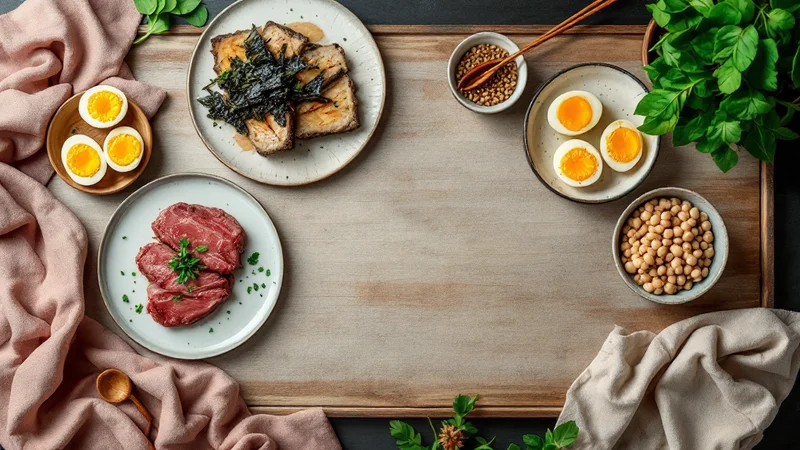 木製トレイに赤身肉・ゆで卵・海苔で包んだ料理・大豆・葉野菜が並ぶフラットレイ。鉄分を意識した食材のイメージ
