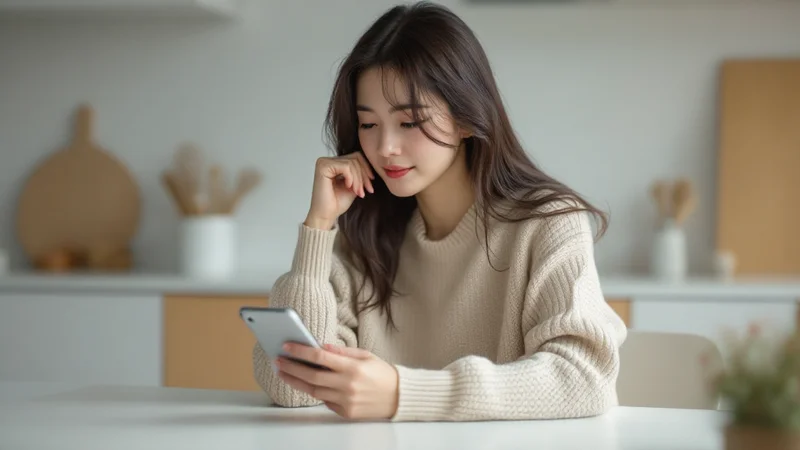 スマートフォンを手にデスクに座る20代の日本人女性。生理管理アプリを確認している様子。ベージュのニットセーター、明るい室内