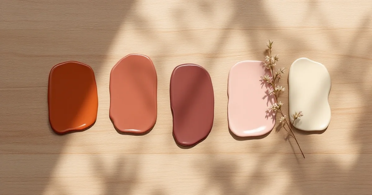 テラコッタ・ダスティローズ・バーガンディ・ソフトピンク・クリームの5色の陶器スウォッチと小さなドライフラワーを木製テーブルに並べたフラットレイ