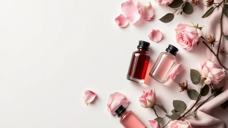 赤・濃い茶・薄ピンクの液体が入った小さなガラスバイアルとドライローズの花びらを白い台に並べたフラットレイ