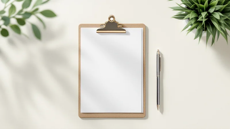 クリップボードにチェックリストの白い紙が挟まれ、細いペンと小さな緑の植物鉢を添えたミニマルなクリーム色台のフラットレイ