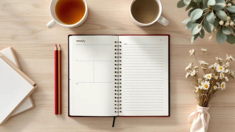 開いたウィークリー手帳に赤・茶・ピンクの色鉛筆・カモミールティーのカップ・ドライフラワーを木製デスクに並べたフラットレイ