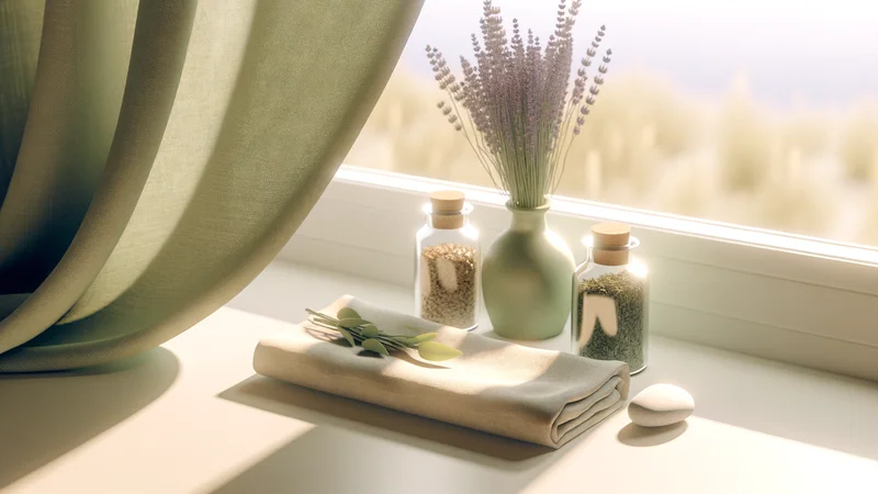 窓辺に置かれたハーブと小瓶。季節のリズムと体のサイクルのイメージ