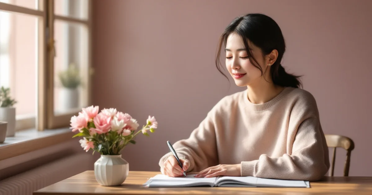 清潔感のある洗面台に置かれた白いタオルと花、女性の生活を連想させる穏やかな構図