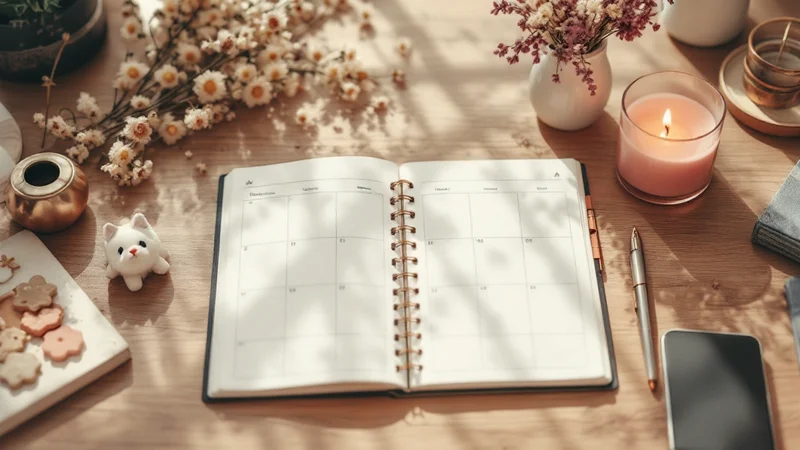 ナチュラルな雰囲気のデスクに置かれた手帳、ペン、女性の生活に関連する小物