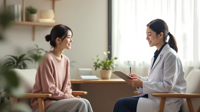 淡いピンクのニットを着た20代の女性が、白衣を着た女性医師と向かい合って生理の量について相談している診察室