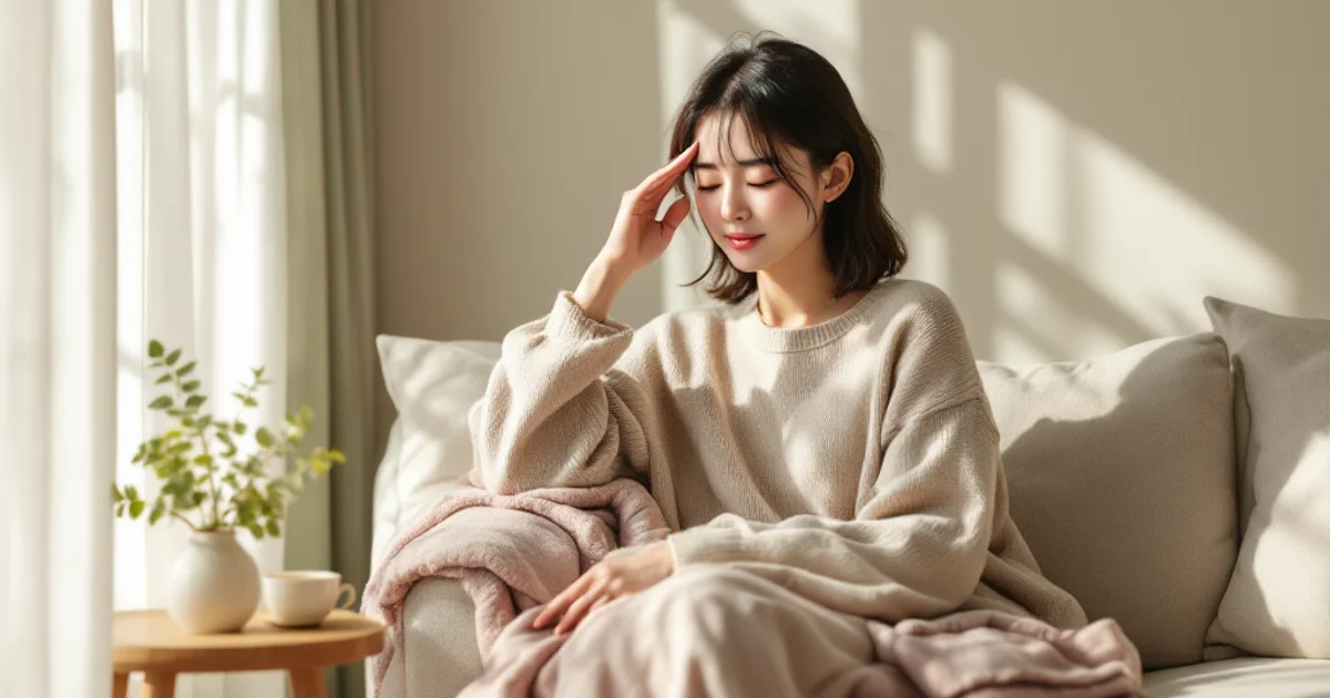 窓辺のソファでこめかみに手を当てて休む20代後半の日本人女性。柔らかな自然光が差し込む静かな部屋で生理に伴う頭痛を落ち着かせているシーン