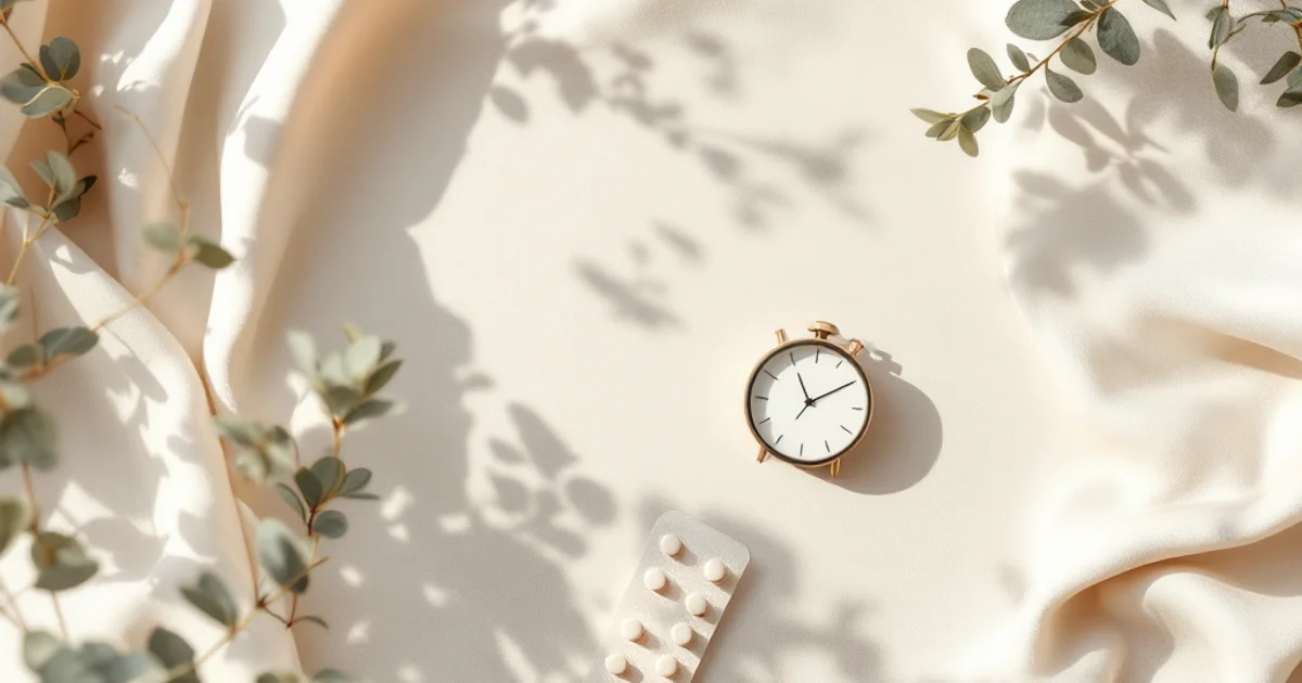淡いベージュのドレープ布の上に置かれた小さな丸型のアナログ時計・ユーカリの枝・ブリスターパック入りの小さな錠剤。毎日同じ時間に服用するミニピルのイメージ