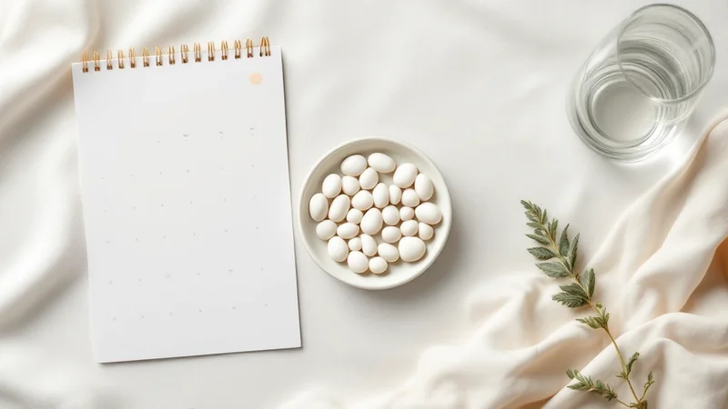 白いリネンの上に置かれたスパイラルノート・小皿に盛られた白い丸い錠剤・水のグラス・セージの小枝。避妊法を比較しながら選ぶ日常のイメージ
