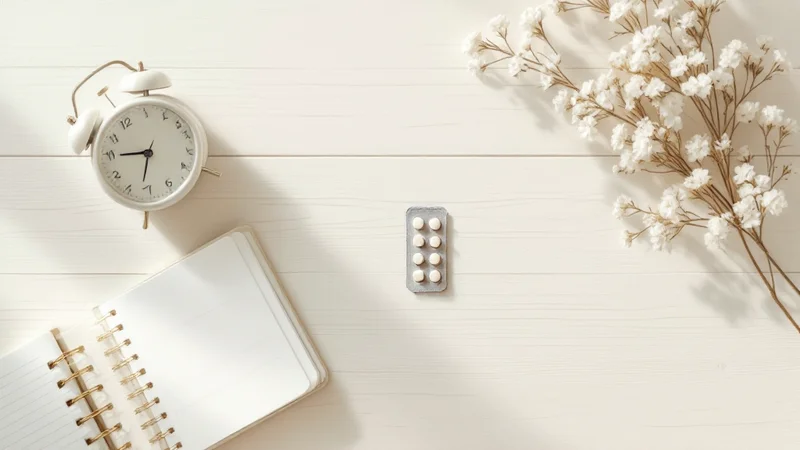 白い木製テーブルに置かれた目覚まし時計・ブリスターパックの錠剤・スパイラルノート・かすみ草。毎日の服薬タイミング管理のイメージ