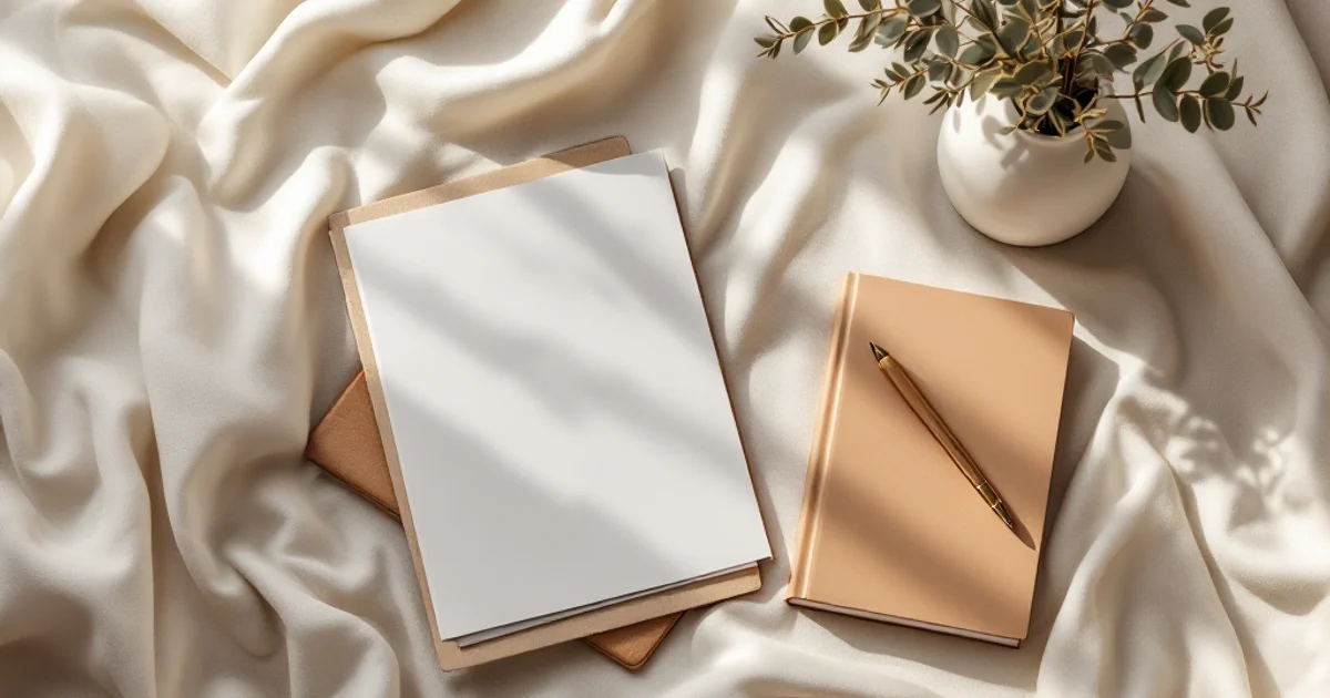 婦人科診察室の落ち着いたインテリアと、医療パンフレットが置かれたデスクのフラットレイ写真