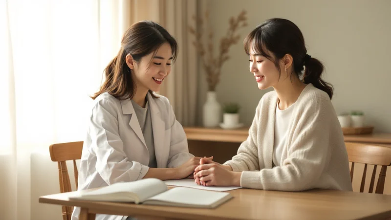 婦人科の診察室で、医師が患者に資料を見せながら丁寧に説明している様子