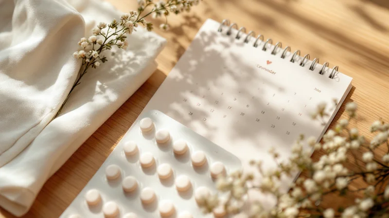 木製テーブルに並べられた低用量ピルのシート、カレンダー、メモ帳とドライフラワー