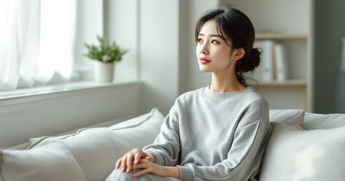 窓辺のソファに腰かけ、両手をひざに置いてやわらかい表情で遠くを見つめている30代前半の日本人女性。淡いグレーのニットを着用し、柔らかい自然光が差し込む白い部屋で穏やかな雰囲気