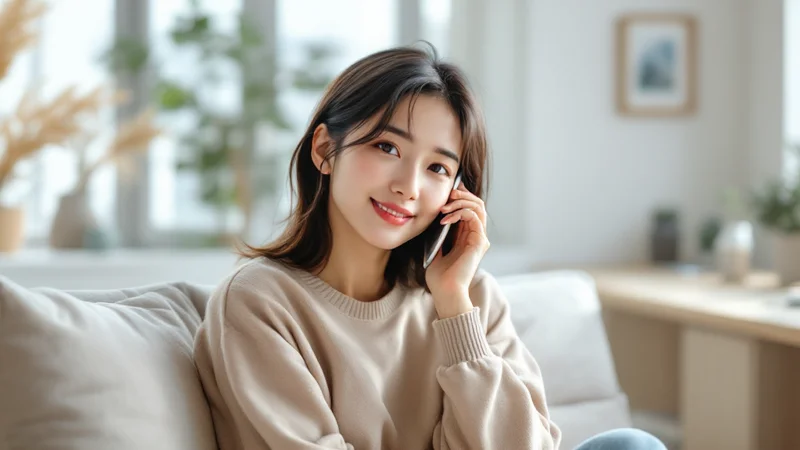 リビングのソファに座りスマートフォンで電話している30代前半の日本人女性。ベージュのニットを着用し、明るい自然光が差し込む部屋で穏やかな表情