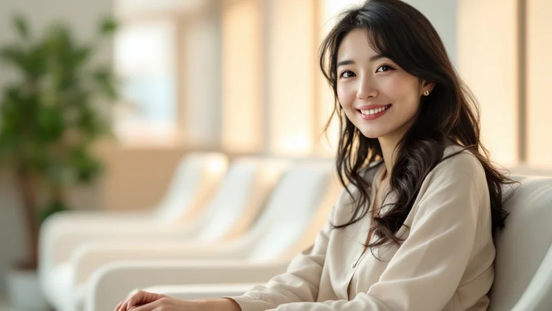 明るいクリニックの待合室で白いチェアに座り穏やかに微笑む30代前半の日本人女性。清潔感のある医療施設の内装、温かい自然光