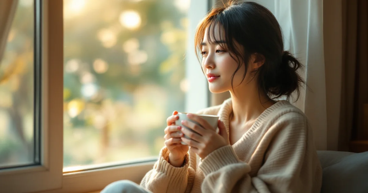 窓辺でお茶を飲みながら休んでいる妊娠初期の日本人女性。穏やかに体を労わる様子